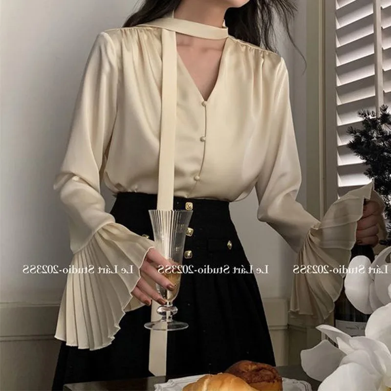 Temperament Pleated Patchwork Shirt Tops Spring Autumn New Long Sleeve V Neck Solid Elegant Blouse Fashion Korean Women Clothing