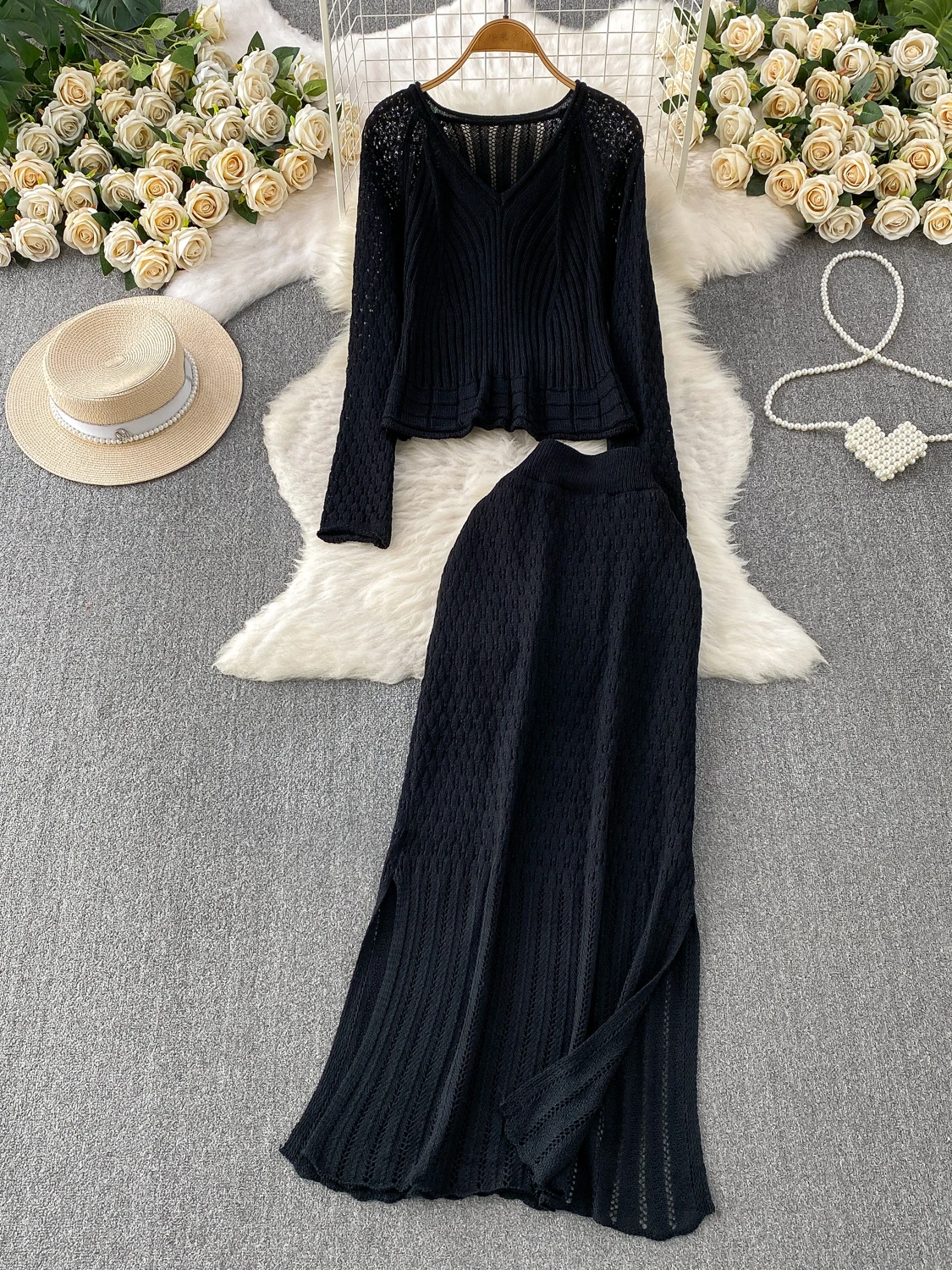 

Повседневный комплект из вязаного топа с V-образным вырезом и длинной юбки с высокой талией, женский свободный драпированный летний модный ансамбль