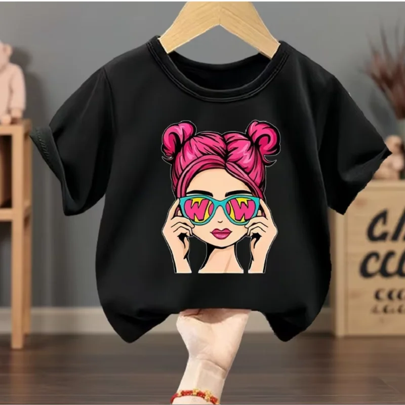 Cute Summer  Girls Casual T Shirts Fashion Printed Children's Short Sleeve Tops Kids Breathable Comfy Outdoor Tee Black Pink Whi