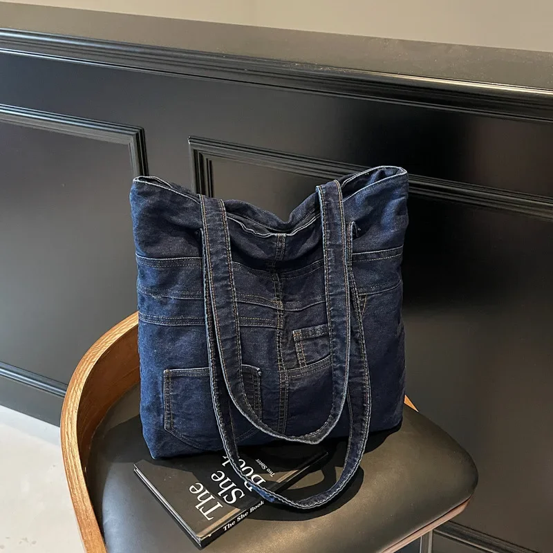 

2025 newDenim Tote Bag Women's Large Capacity Casual Shoulder Purse Minimalist Student Backpack for Work Commute & School