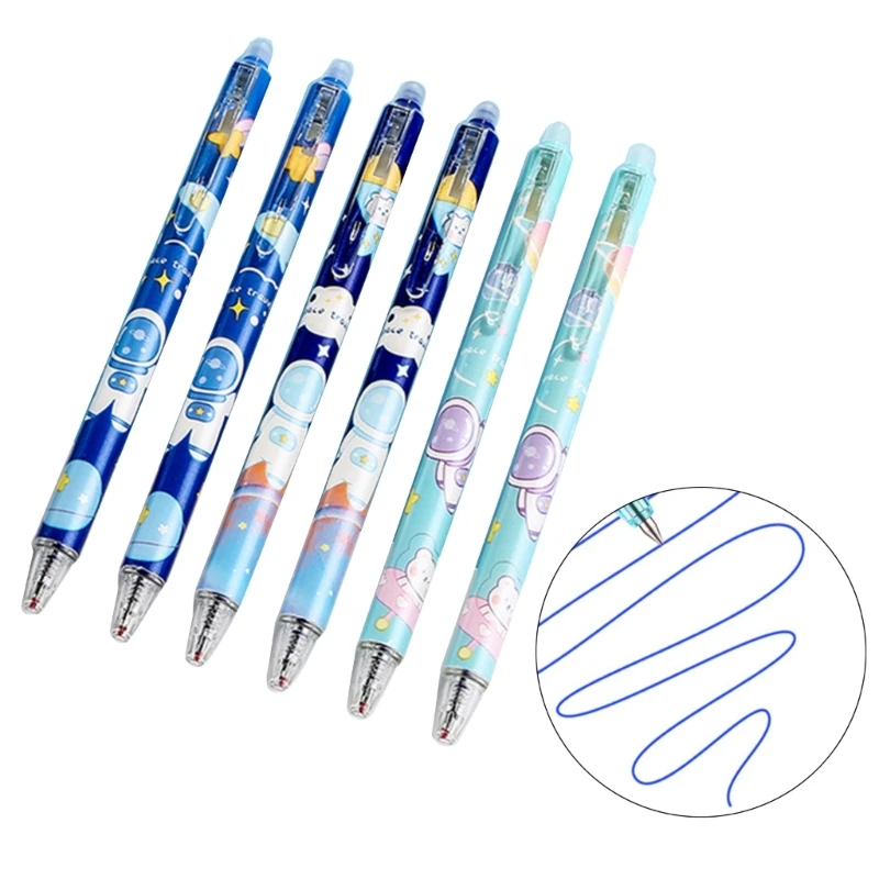 6Pcs Erasable Retractable Gel Pen 0.5mm Fine Point Cartoon Astronaut Gel Pen Smooth to Write for Writing Drawing