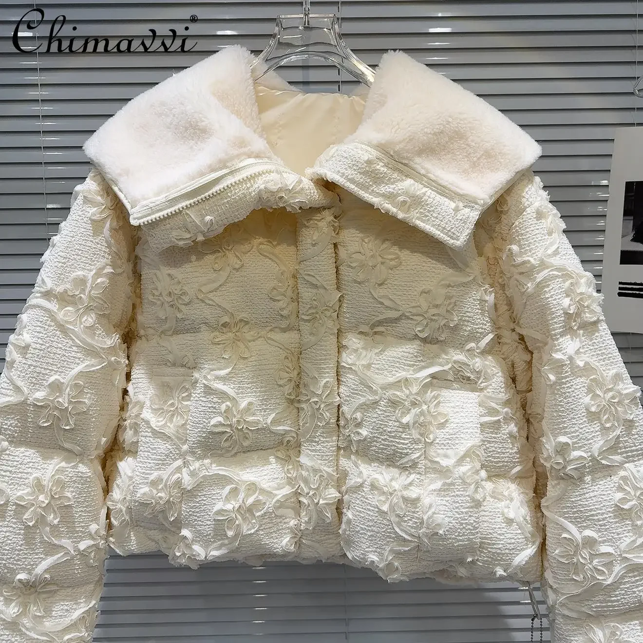 2024 Winter Clothes New Fashion Fleece Lapel Pleated Crochet Fabric Warm Down Jacket Sweet Girl Womens Temperament Jackets Coat