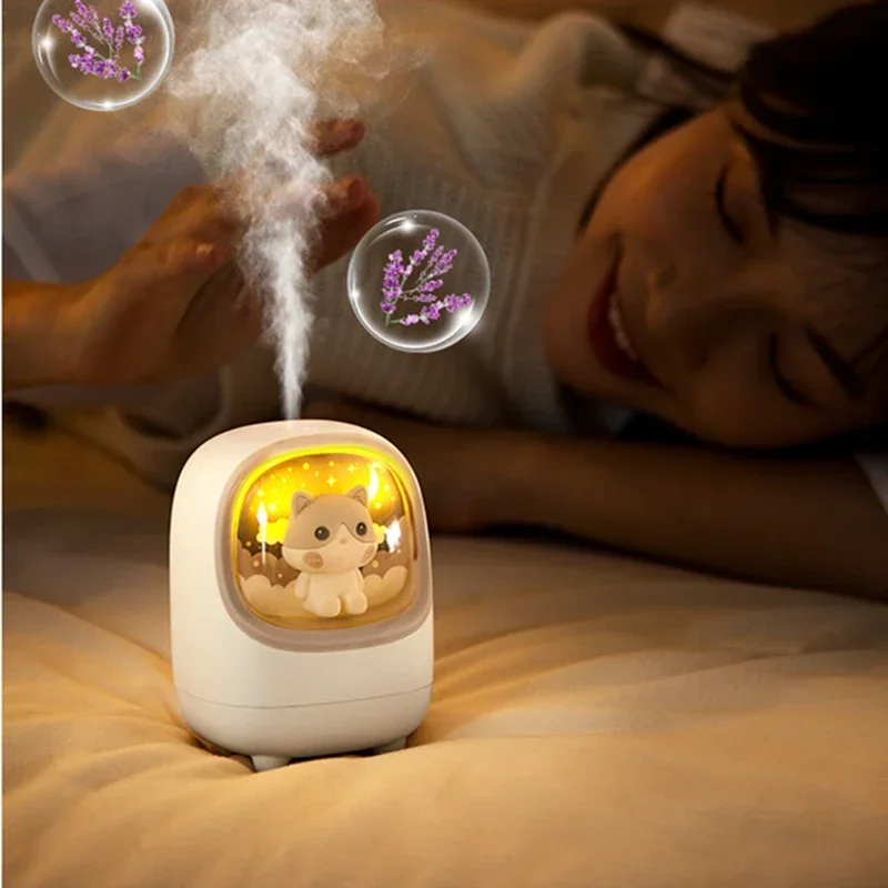 Mini humidificateur d'air sans fil aste par USB, diffuseur de brume portable, lampe chaude romantique, aromathérapie, dessin animé, 350ml