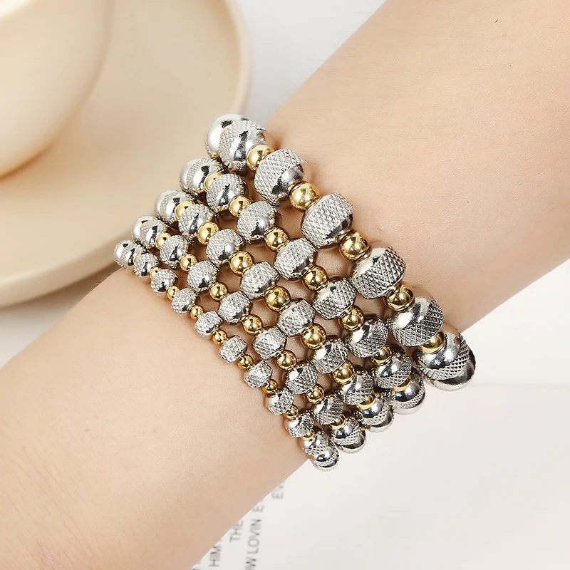 High Quality Sparkling Metal Stainless Steel Waterproof Jewelry Classics Unisex Multiple Models Bicolor Beaded Elastic Bracelets