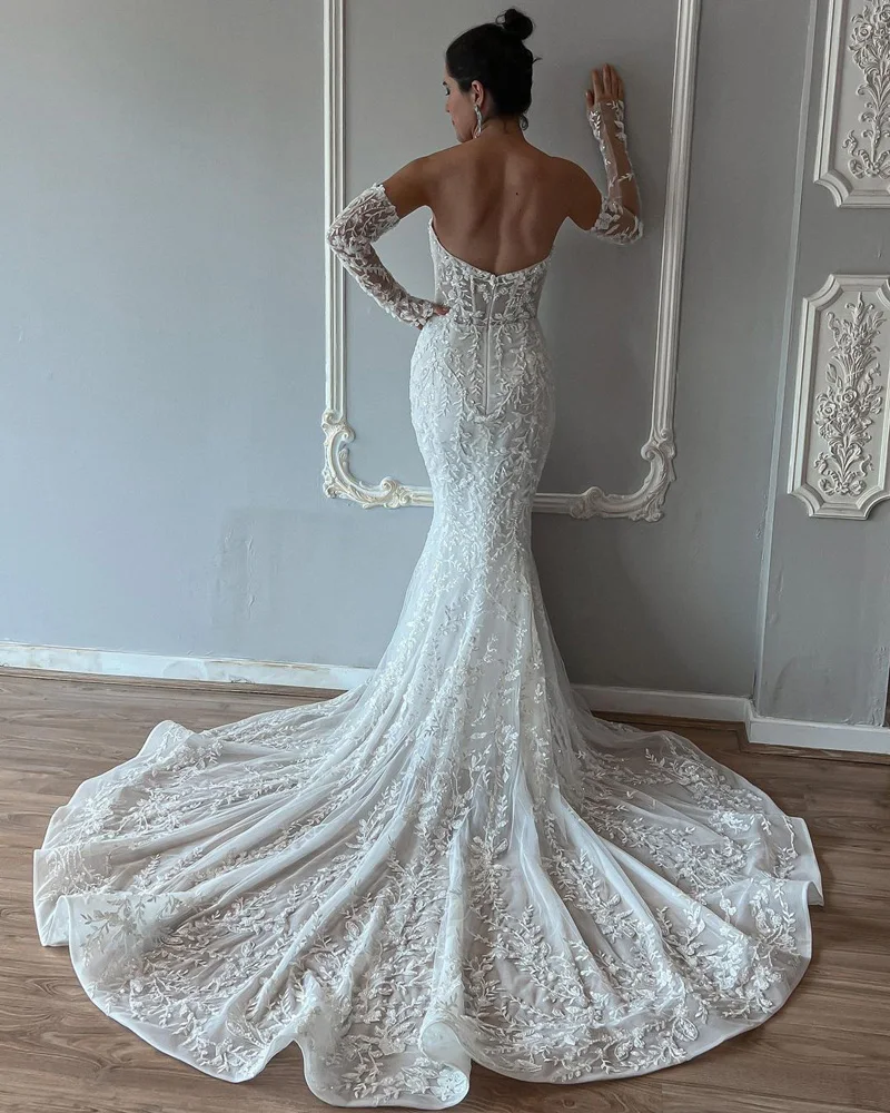 Luxury Mermaid Wedding Dresses Lace Appliques Corset Sweetheart Wedding Dress 3/4 Sleeve Backless Bridal Gowns Sweep Train