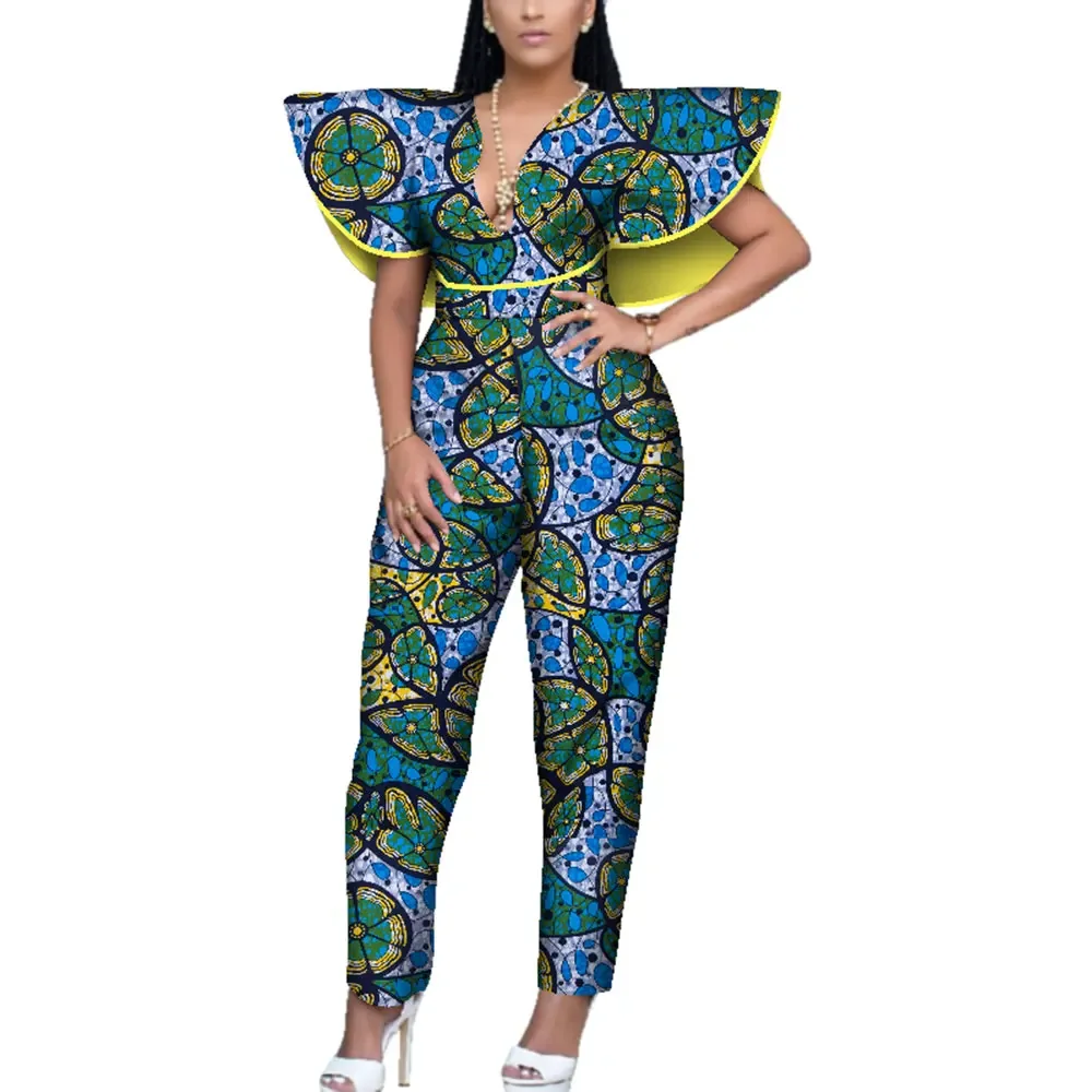 Ropa africana para mujer, mono con estampado de Ankara, monos sexis sin mangas con cuello en V, peleles, moda africana para mujer Boubou WY3945