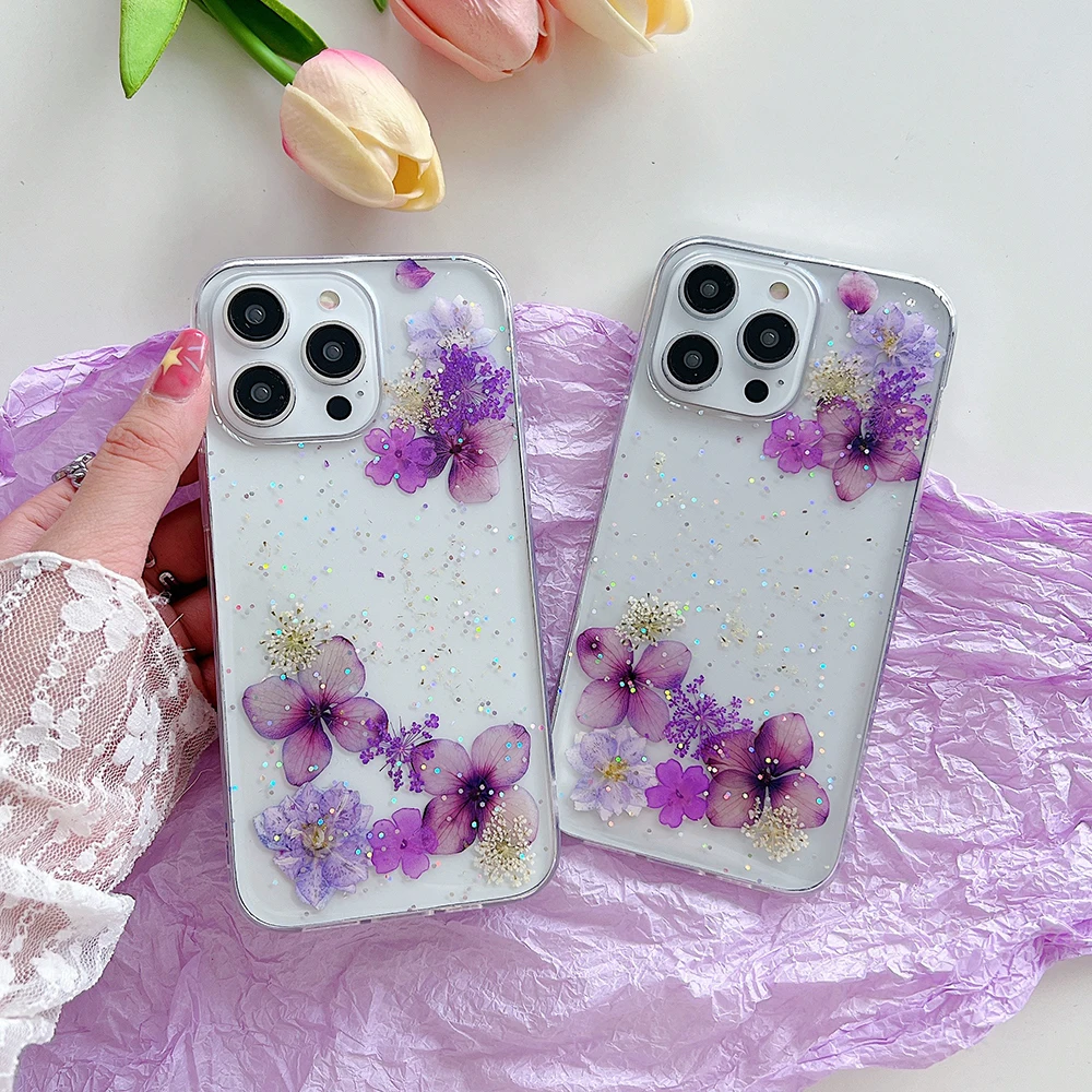 Qianliyao Purple Dry flower Phone Case For iPhone 16 15 14 13 12 11 Pro XR X XS Max 7 8 Plus 6 6s mini Soft Shockproof Cover