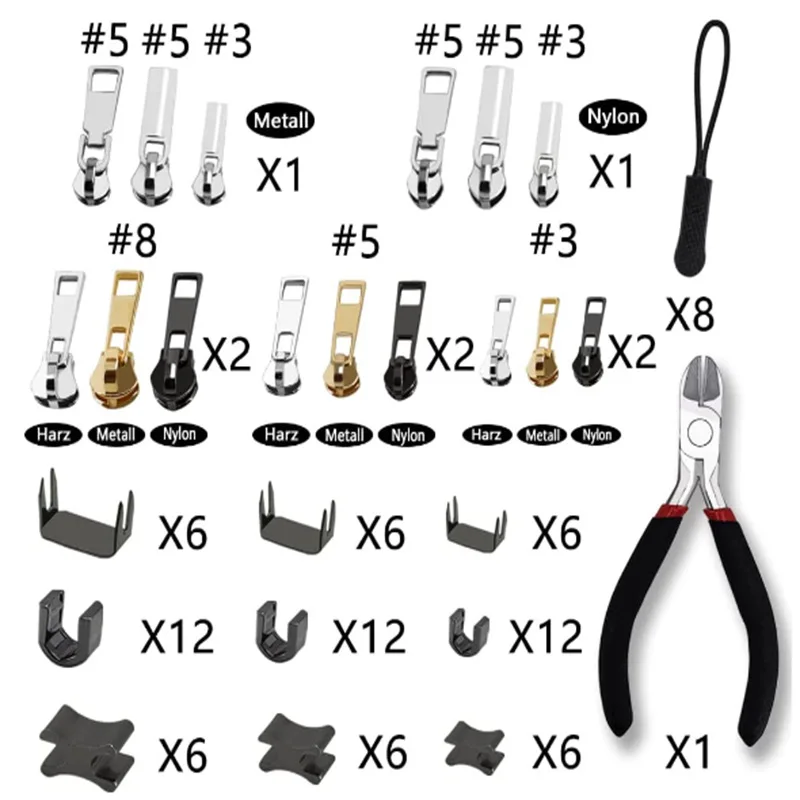 Zipper Repair Kit #3 #5 #8 Slider Replacement Set with Installation Pliers for Fixing Coats Tents Backpacks Clothing and