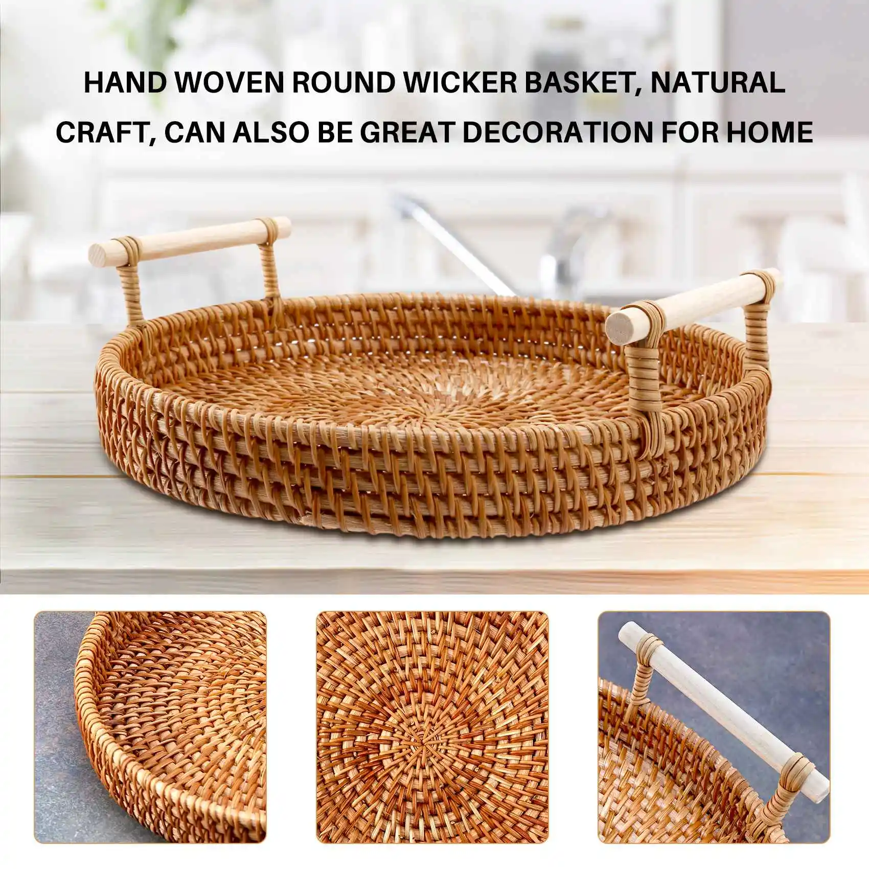 A84E-Rattan Storage Tray, Round Basket With Handle, Hand-Woven, Rattan Tray Wicker Basket Bread Fruit Food Breakfast Display L