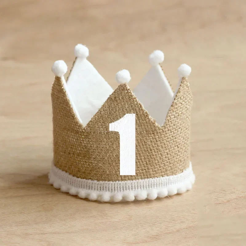 Sombrero de corona de arpillera para fiesta de cumpleaños de bebé, diadema de lino para niño y niña, gorro de aniversario para adulto, 1/2, 1, 2, 3, 4, 5, 6, 7, 8, 9 años, 100