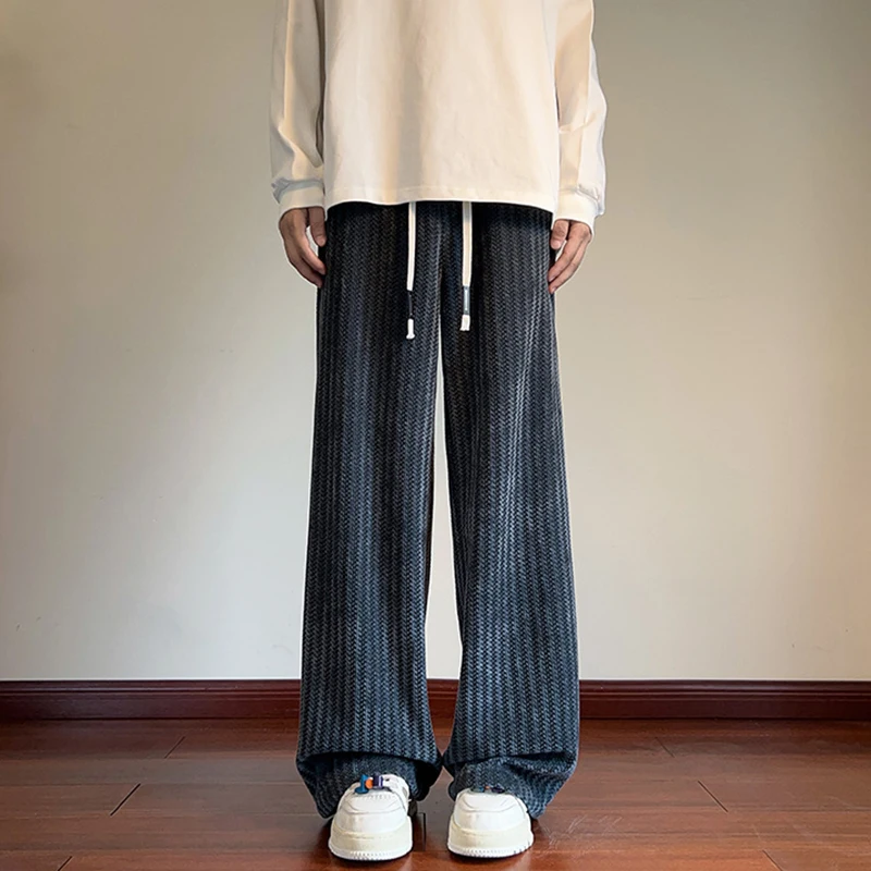 

Men's Jacquard Vertical Stripe Wide Leg Pants 2025 Autumn Winter Lazy Style Drawstring Straight Pants Korean Casual Trousers Man