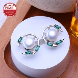 FENASY Natural Freshwater Pearl 925 Sterling Silver Emerald Stud Earrings Wedding Jewelry Birthday Gift for Women Girls