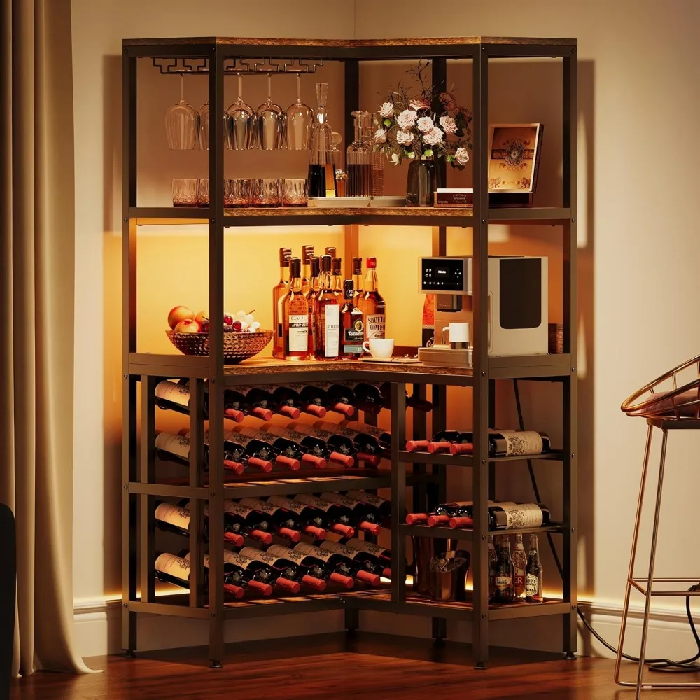 

Large Corner Wine Rack, 63'' Corner Bar Cabinet with Power Outlet and LED Light, 5-Tier L Shaped Industrial Liquor Cabinet w/Gl