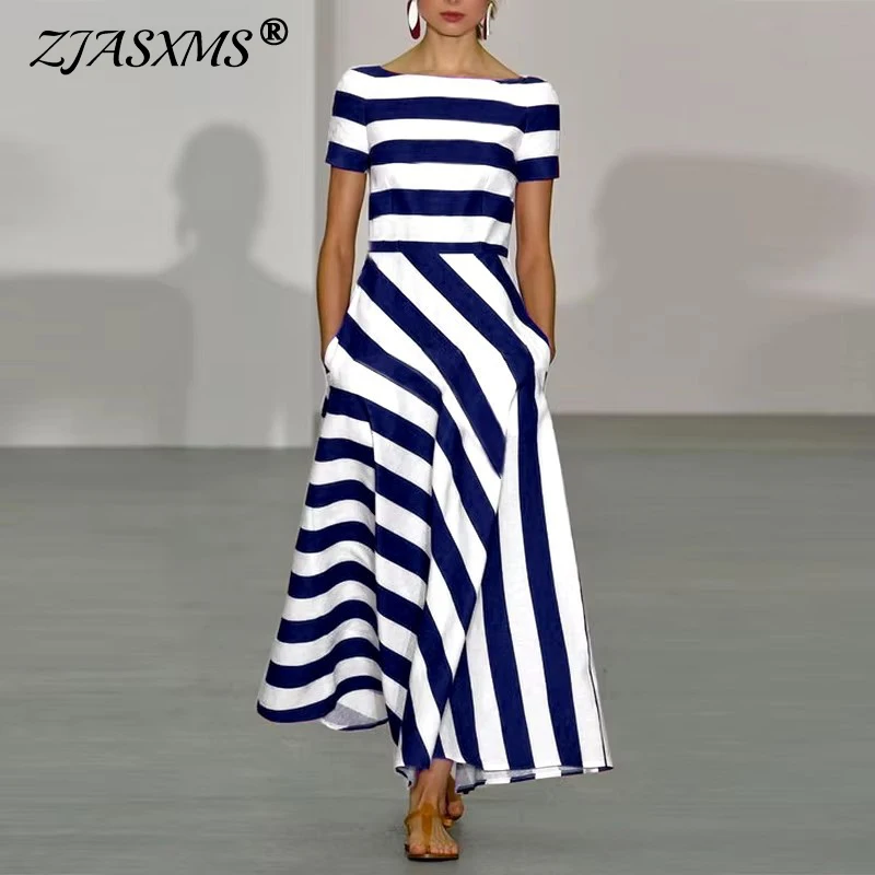 Szata Kobieta Elegancka długa sukienka z nadrukiem w paski Wiosna Seksowna sukienka z kieszenią na szyi A-Line Letnia sukienka z krótkim rękawem Luźna sukienka Boho