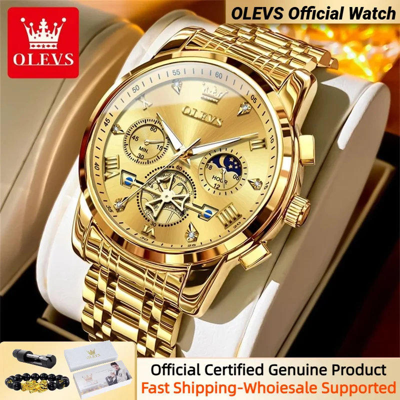 OLEVS 2856 NEW Men's Watches Flywheel Skeleton Chronograph Moon Phase Multifunctional Stainless steel Men's Wristwatches