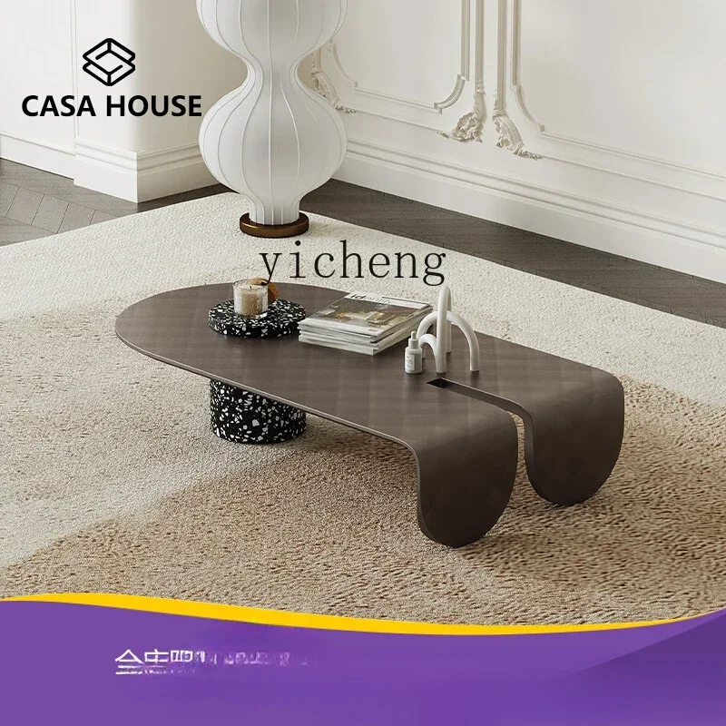 

ZK light luxury modern home living room coffee table metal brushed oval high-end terrazzo tea table home decor