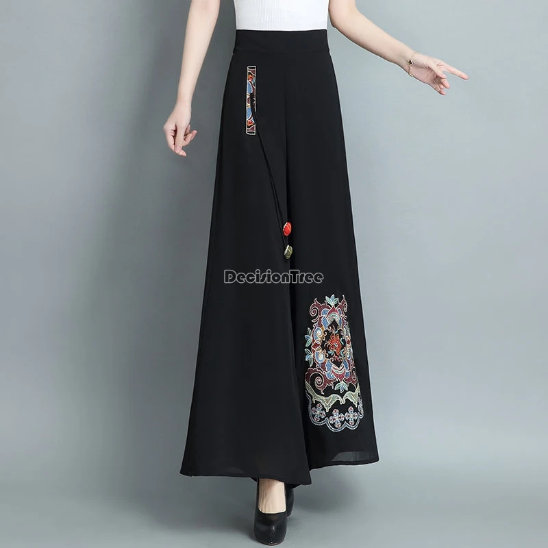 2024 chinese ethnic style classical dance chiffon pants exquisite embroidery literature art britches loose leisure tea trousers