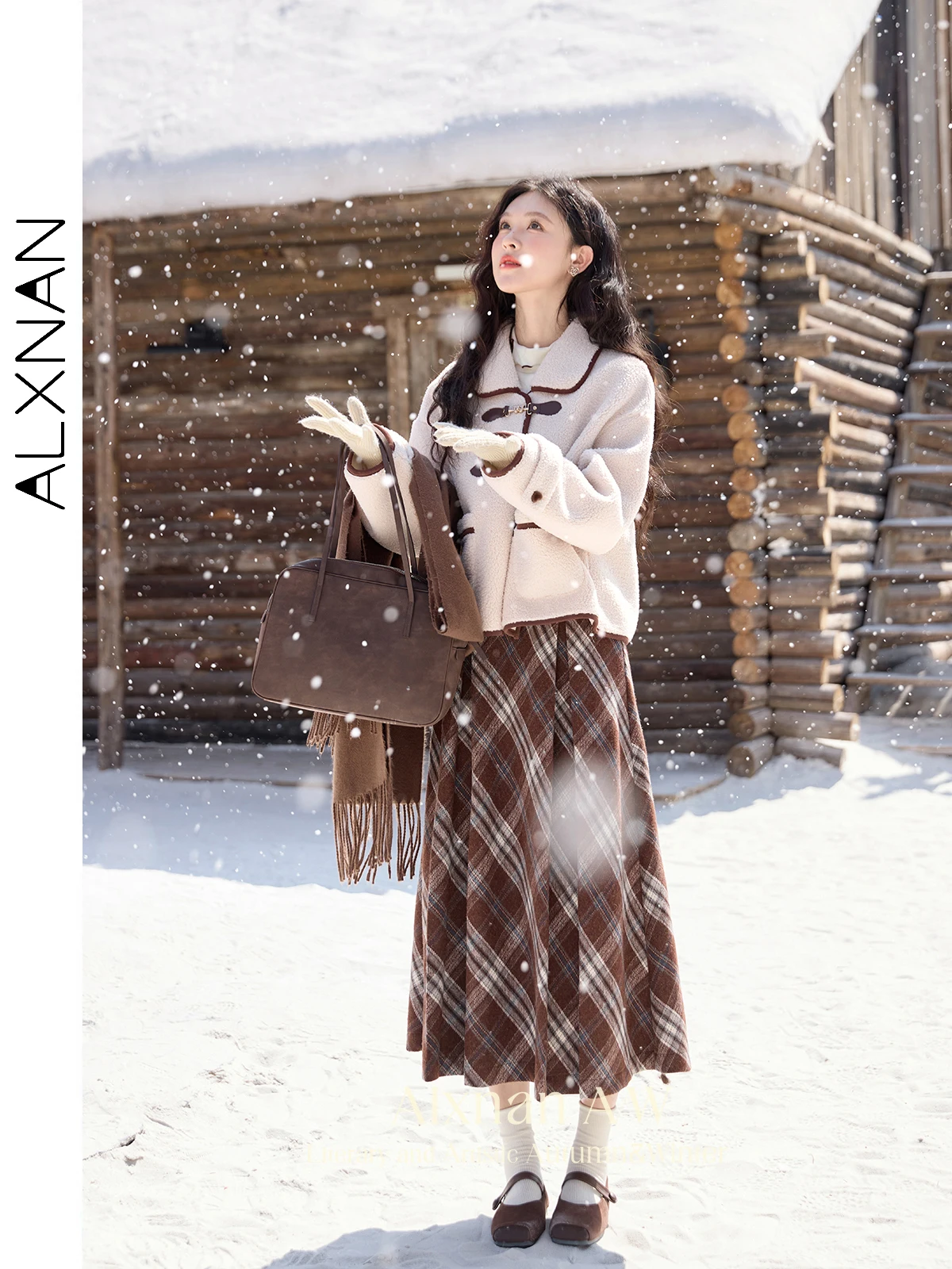 ALXNAN Women Lamb Wool Jackets Winter Warm Lapel Collar Metal Butterfly Button Coats 2024 Long Sleeve Thickness Outerwear L52386