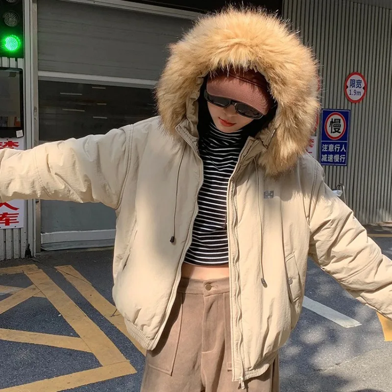 

American Retro Style Fleece-lined and Thick Cotton-padded Coat Large Fur Collar Hood Casual Workwear Down Jacket Girl Streetwear