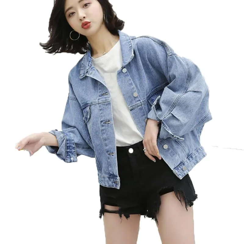 

Blue Jean Jacket Coat Women Spring Autumn Korean Loose Batwing Sleeve Cropped Jacket Female Fashion Single Breasted Denim Coats