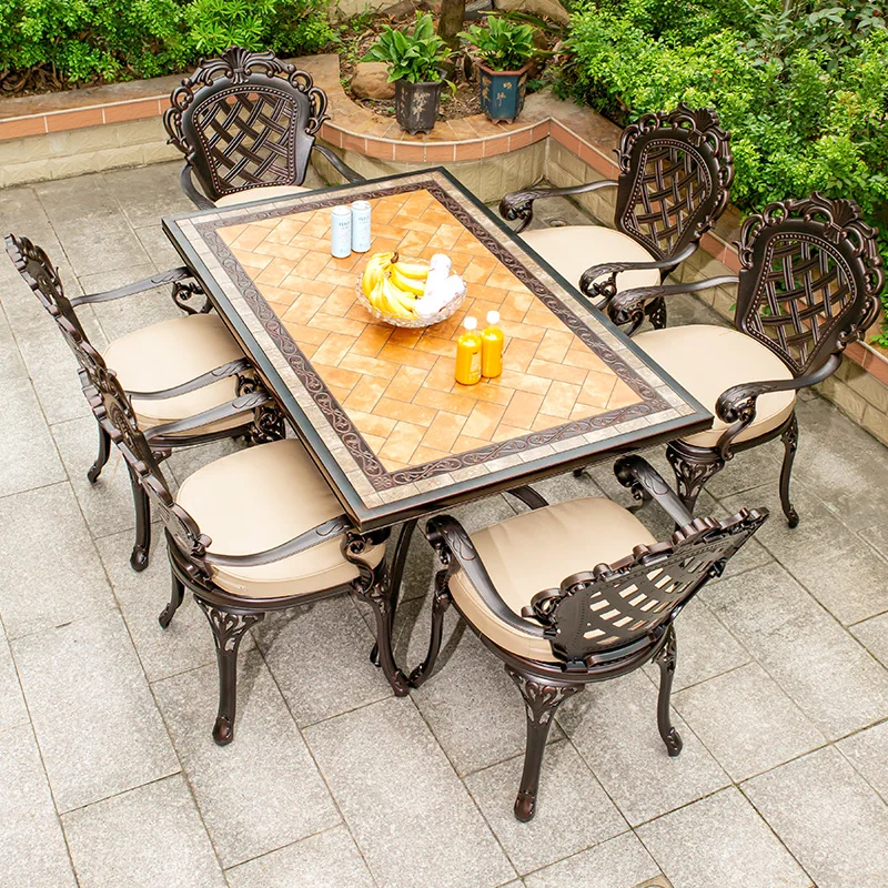 

Outdoor European luxury tables and chairs courtyard outdoor cast aluminum tile barbecue terrace combination modern simple leisur