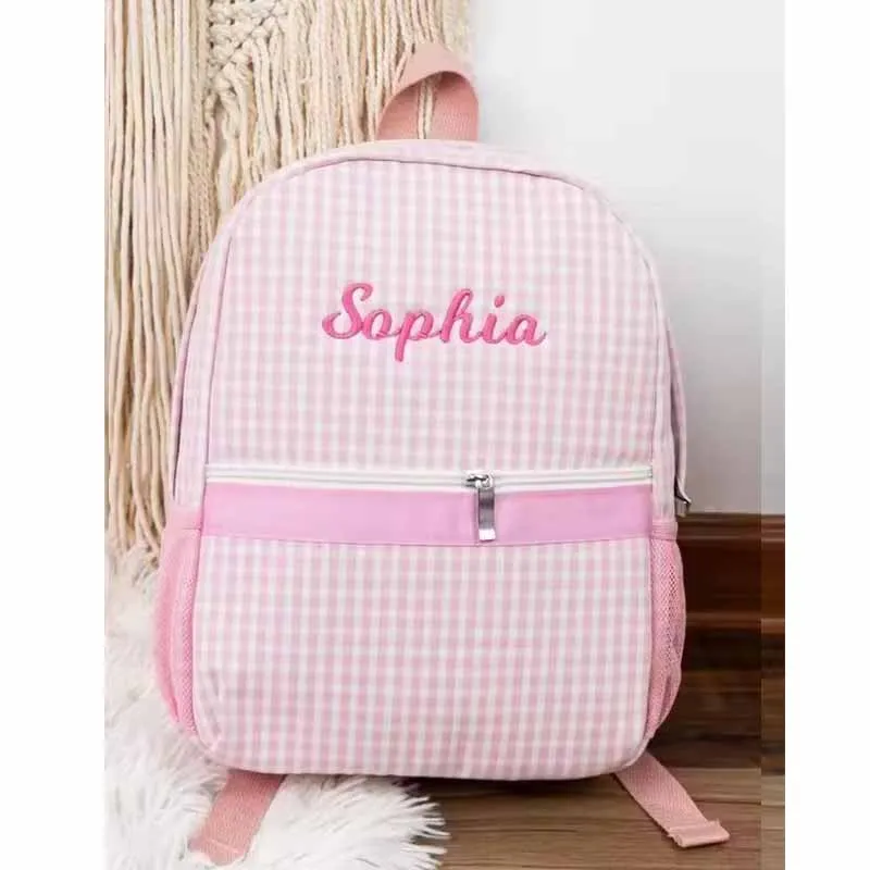 Personalized Baby Backpacks Monogram Toddler Backpacks Custom Seersucker Pre-school Bookbag Embroidered Name Baby Gifts