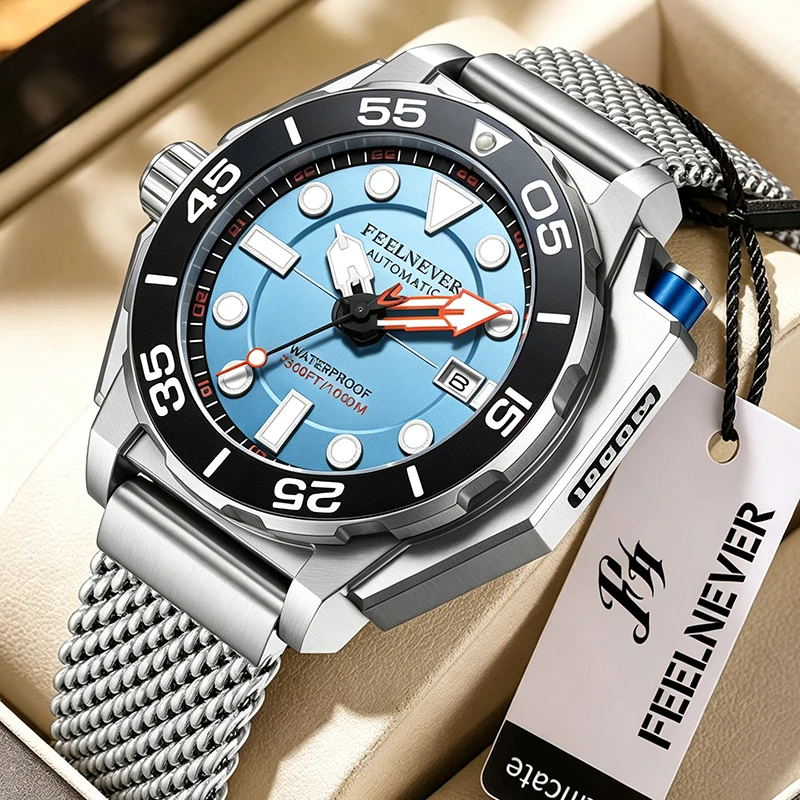 FEELNEVER Men's Automatic Diver Watch Sapphire 316L Stainless Steel Waterproof Mechanical Watches For Men Relogios Masculino+BOX