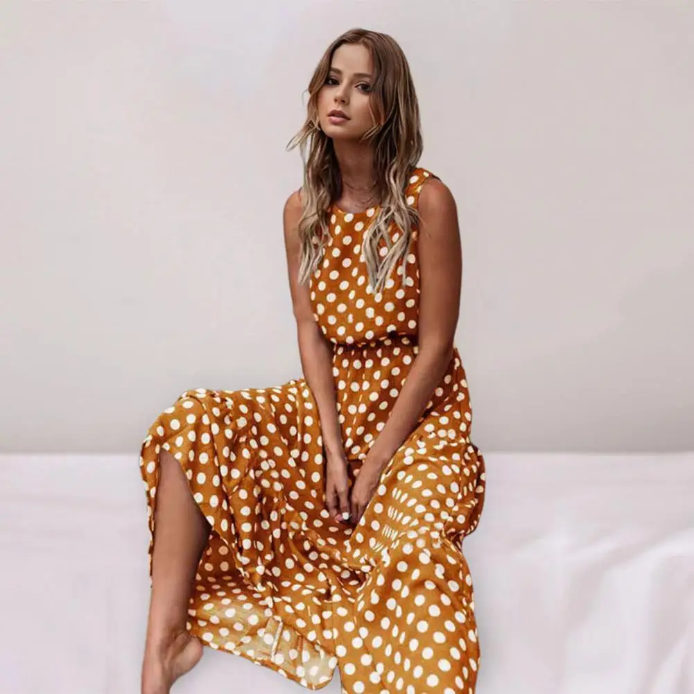 Summer Long Dress Women Printed Dress Stylish Maxi Dress with Contrast Color Dot Print High Waist for Women for Dating Commuting