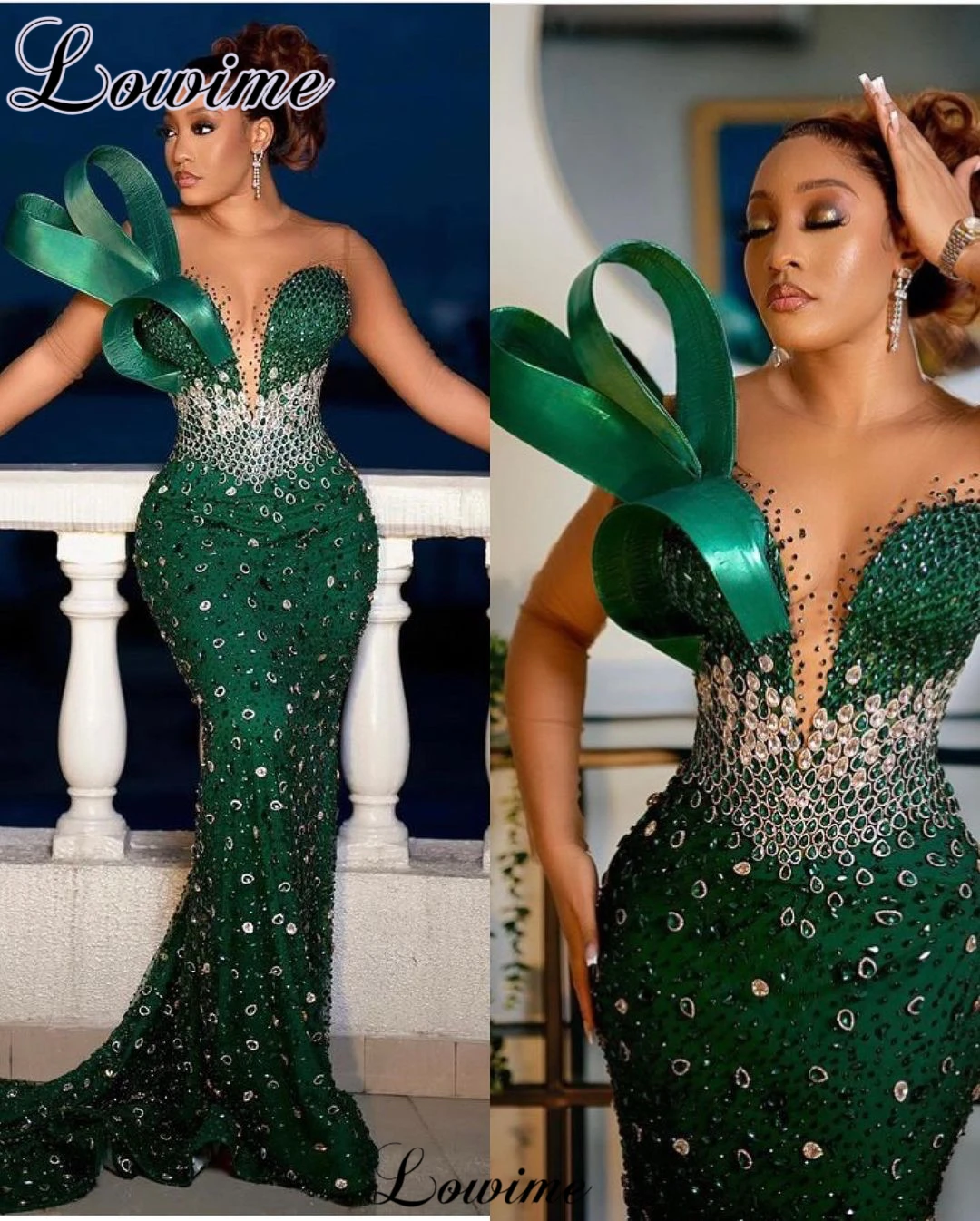 Full Crystals Green Cocktail Dresses High Luxury Beaded Long Sleeve Evening Dresses For Black Women Vestidos De Cóctel Prom Gown