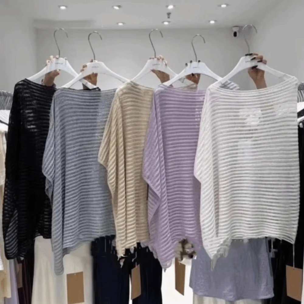 

Casual Stripe Patchwork Crochet Hollow Top Loose Thin Sunscreen Cover Up Irregular Transparent Bohemian Shawl Beach