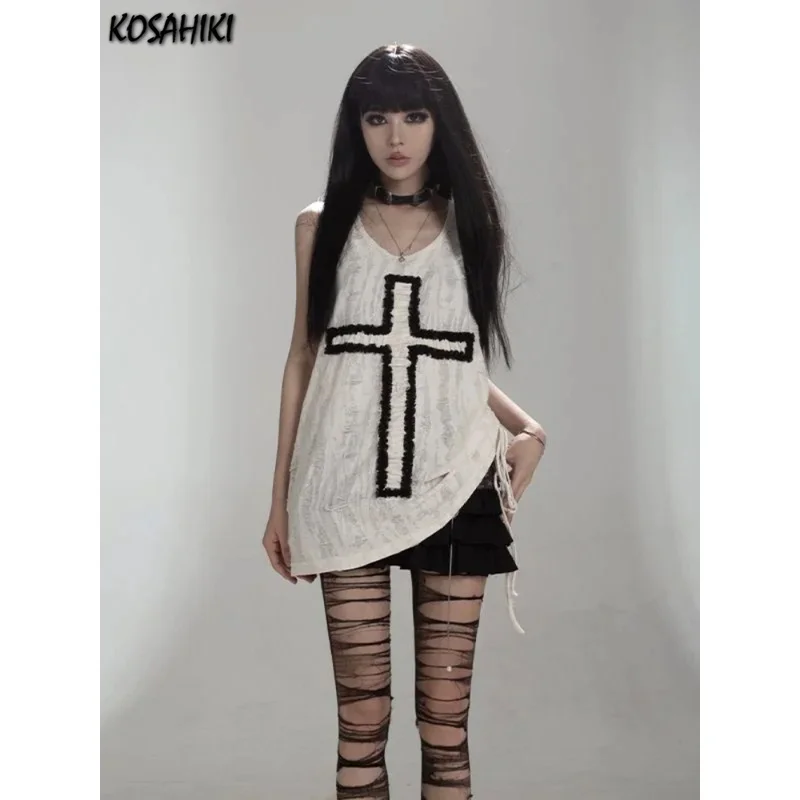 Y2k Aesthetic Tank Top Women Gothic Punk Cross Patchwork Harajuku Streetwear Sleeveless Tee Pleated Bandage Fairy Grunge Tanks