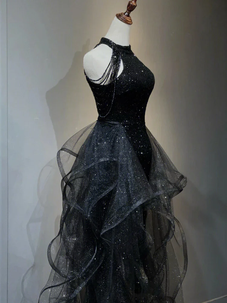 Glitter Dress Luxury Black Evening Dress Sleeveless Skirt Black Sequin Dress Sparkly Tulle Skirt High Waist Halter-neck Skirt view 4