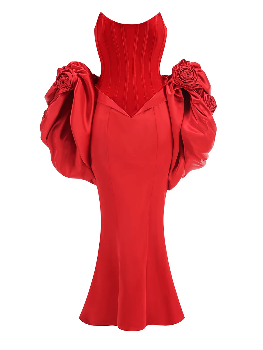 Vestidos de fiesta de lujo para mujer, vestido largo rojo con corsé sin tirantes y chal de flores, conjunto de dos piezas, vestidos de fiesta de noche de celebridades