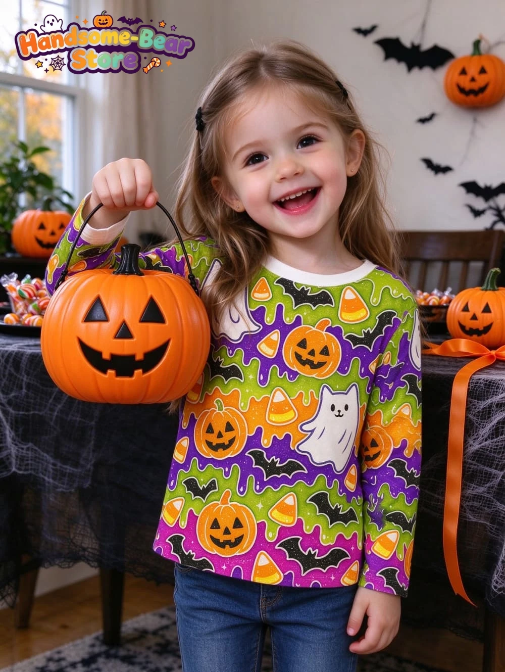 Halloween Girls Long Sleeve T-Shirt Purple Ghost Pumpkin Castle Graphic Kids Clothes Children Holiday Party Top for Girl Clothes