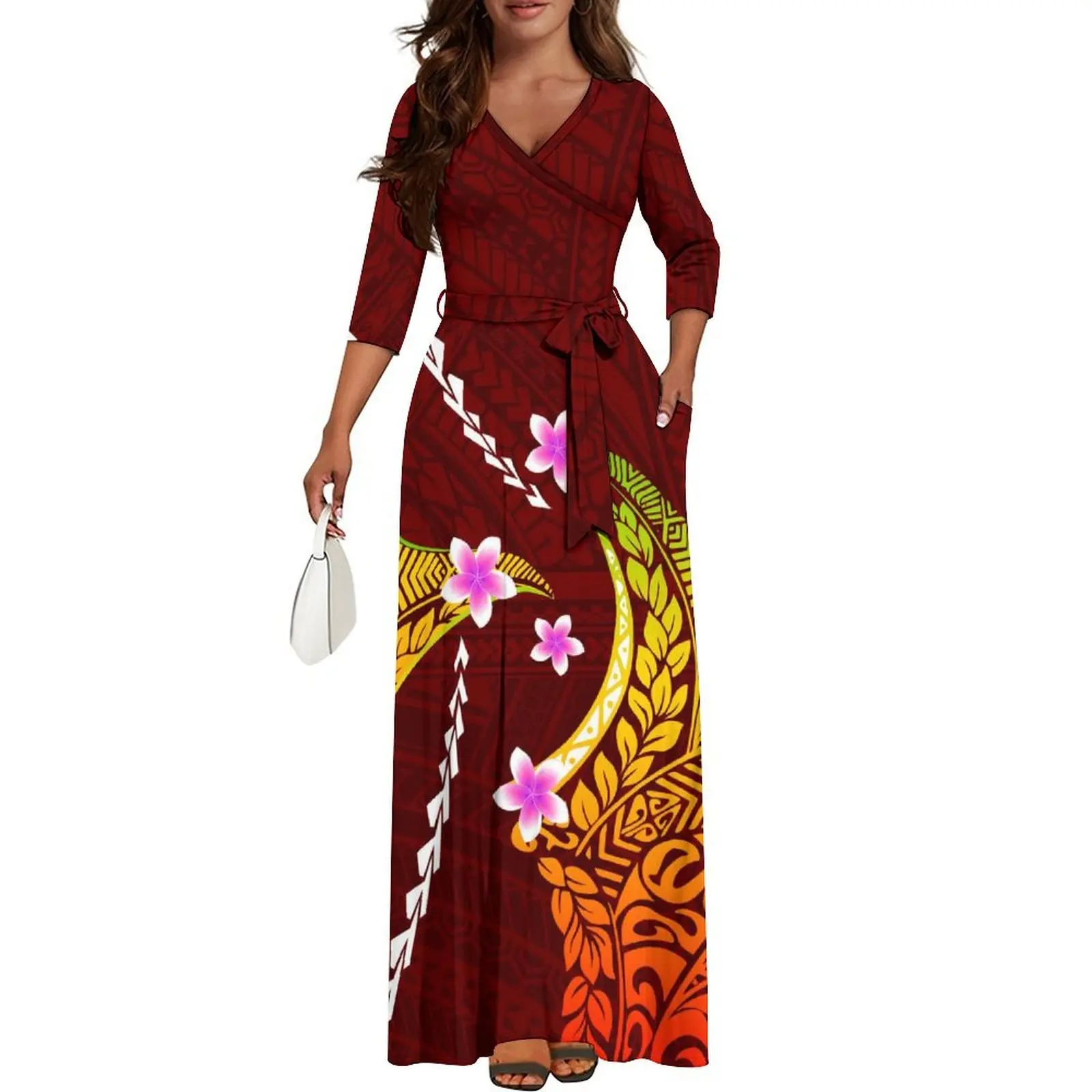 New Style Women'S V-Neck Mid-Sleeve Dress Polynesian Island Art Print Samoan Style Slim Floor-Length Dress