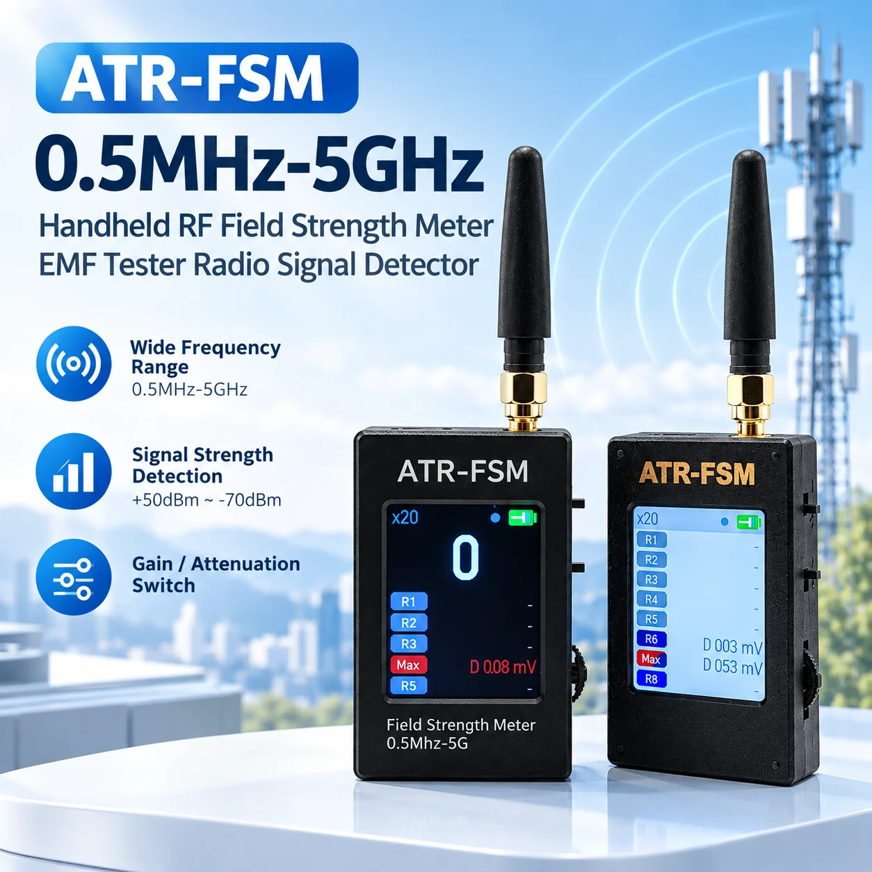 ATR-FSM Portable Handheld Field Strength Meter 0.5MHz-5GHz Wideband Electromagnetic Signal Detector +50dBm~-70dBm