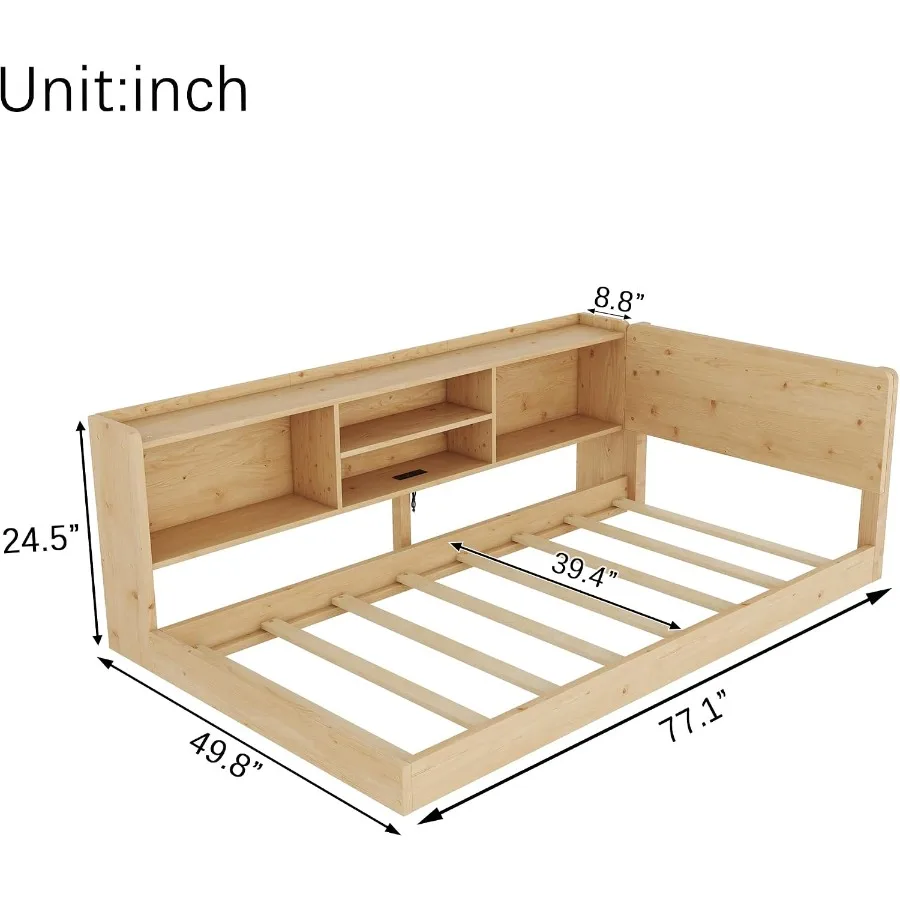 L-Shaped Corner Bed Frame for and Teens, Wood Platform with Storage Shelves, Bookcase Headboard, Charging Station and LED Light