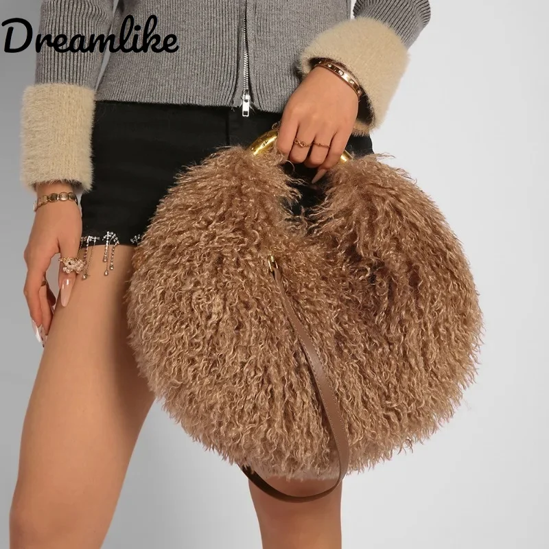 

Women's Fashion Long Fur Wool Bag Beach Faux Wool Fur Shoulder Bag Ladies Faux Furs Handbag Luxury Mongolian Sheep Fur Bags