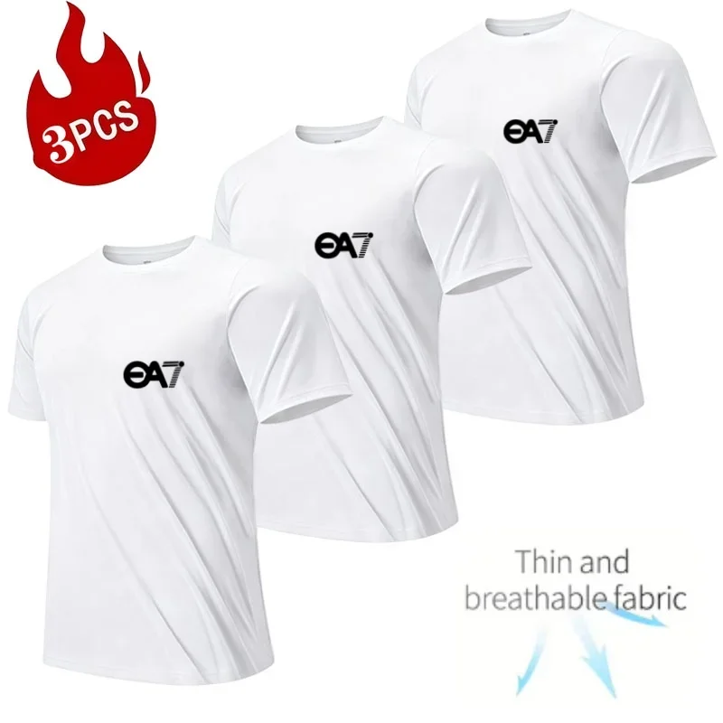 Three-piece men's all-season printed short-sleeved sports fitness quick-drying comfortable large-sized youth casual base shirt