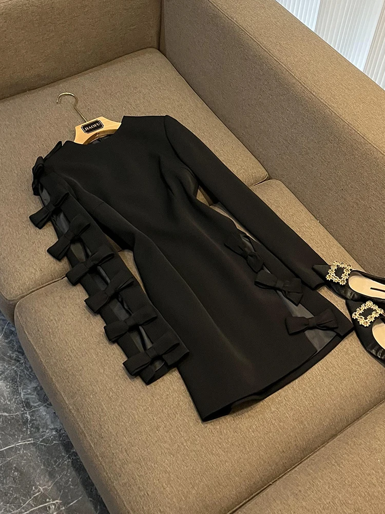 Fashion Hollow Out Designed Bowtie Lady Street Wear Long Sleeve O-neckline Slim Fitted Women Mini Formal Solid Dress