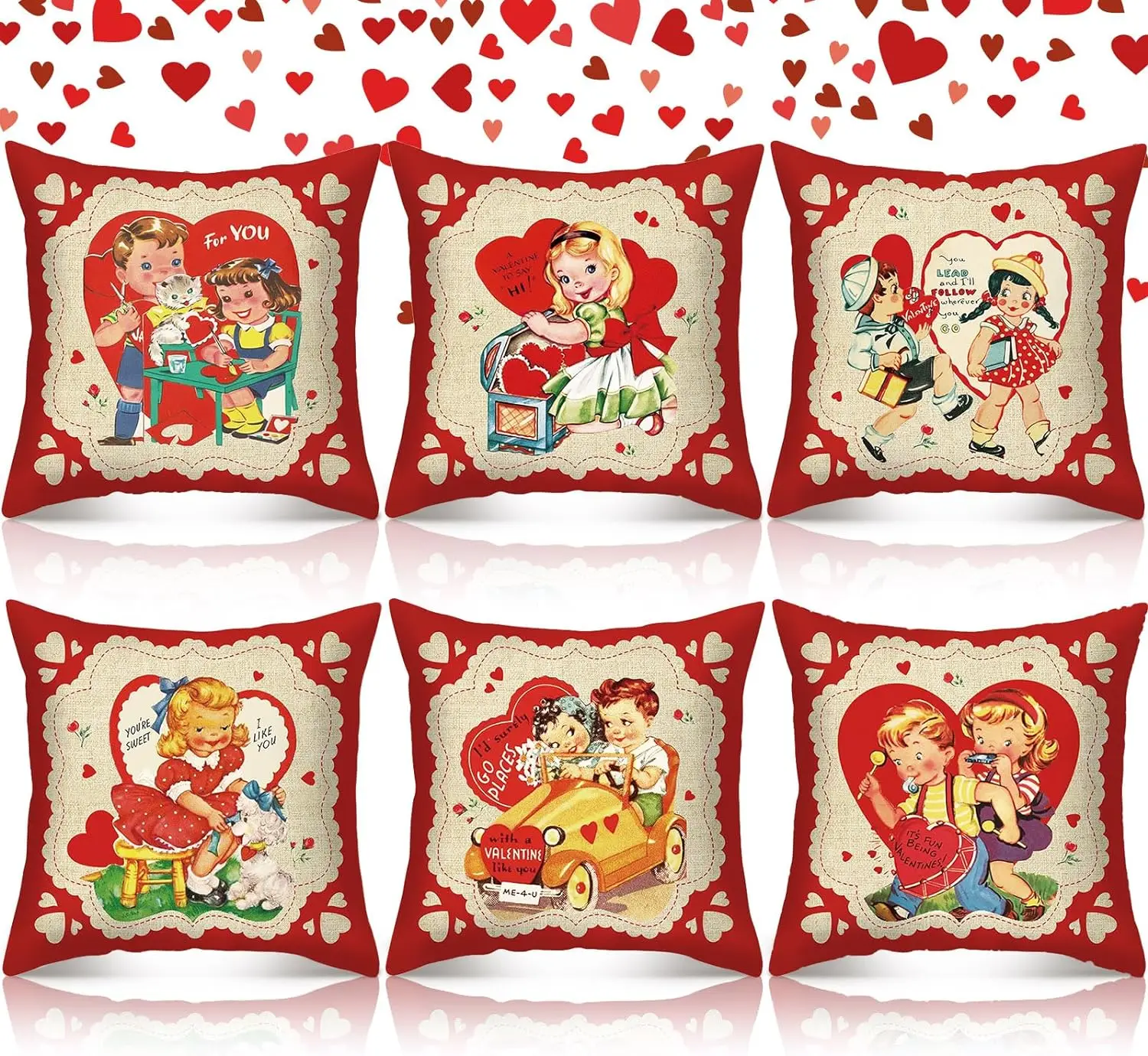 

New set of 6 Valentine's Day pillowcases 18x18 Vintage Valentine's Day Red Love pillow case Country Festival Anniversary wedding