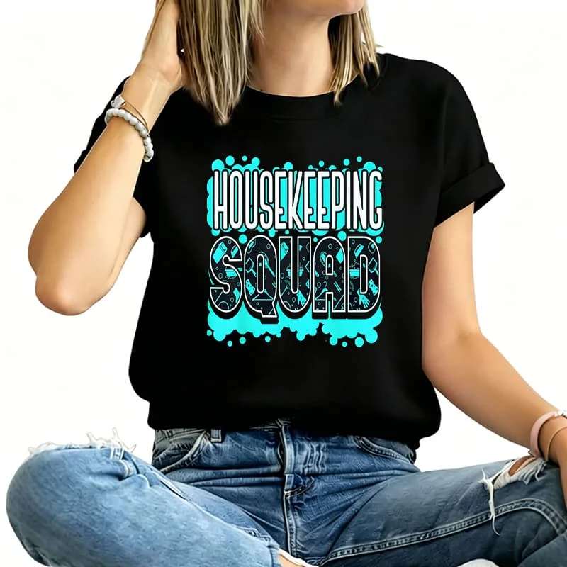 Camiseta para mujer de la marca Housekeeping Squad, 100 % algodón, con un diseño gráfico divertido, manga corta, camiseta original, cuello redondo, estilo casual, tallas de la S a la 5XL.