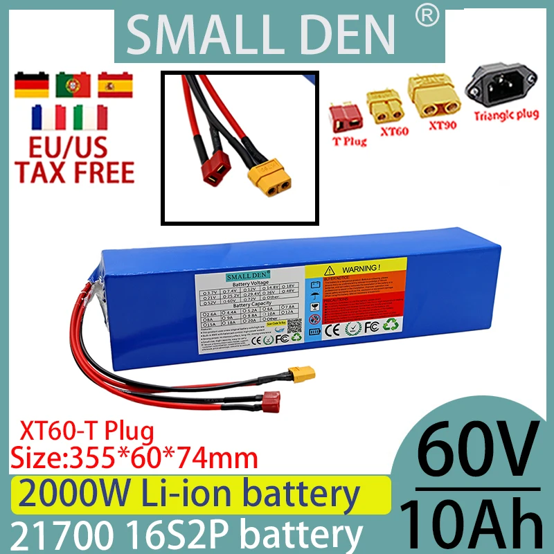 

60V 10ah 16S2P 21700 lithium battery pack with built-in 30A high-power balanced BMS 100-2000W high-quality rechargeable battery