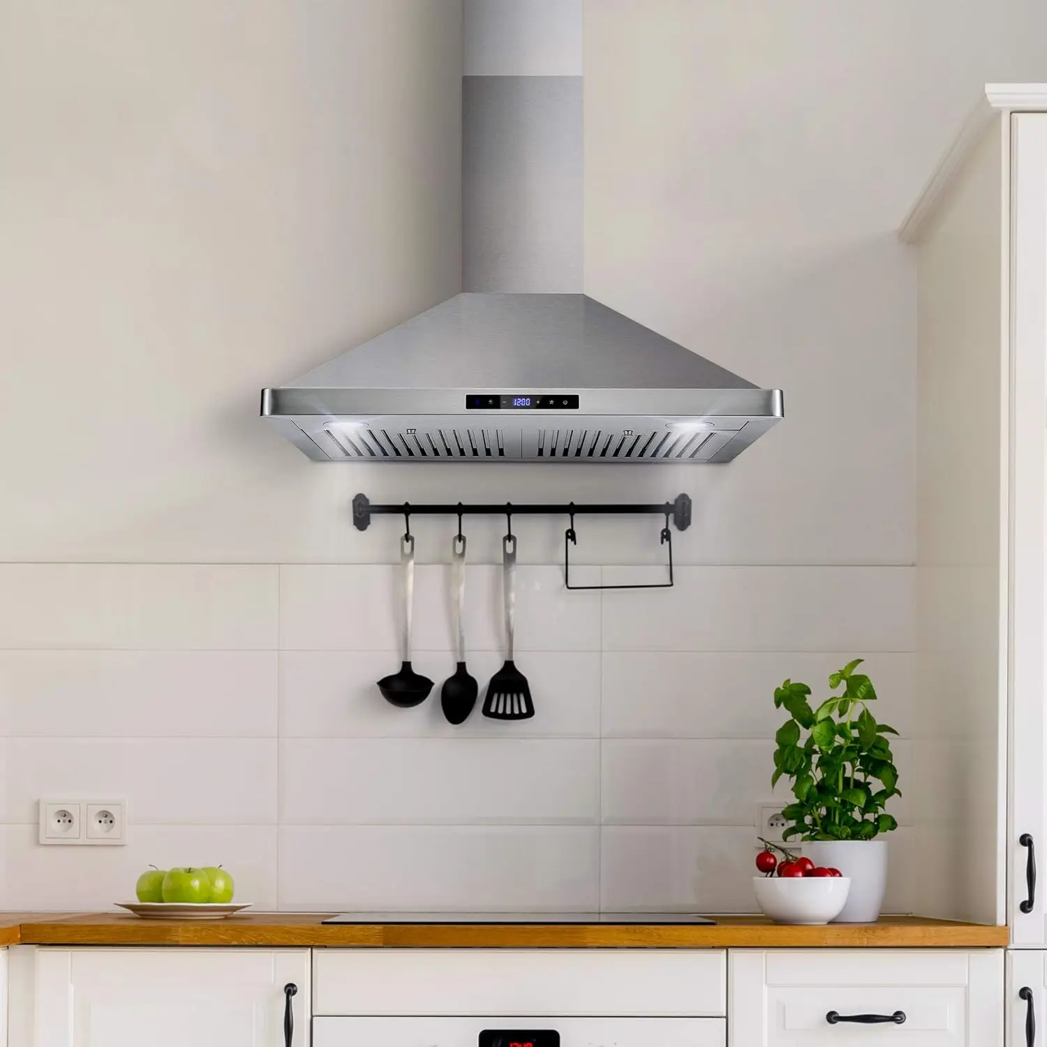 Wall Mount Range Hood with Ducted Convertible Ductless (No Kit Included), Ceiling Chimney-Style Stove Vent, LED