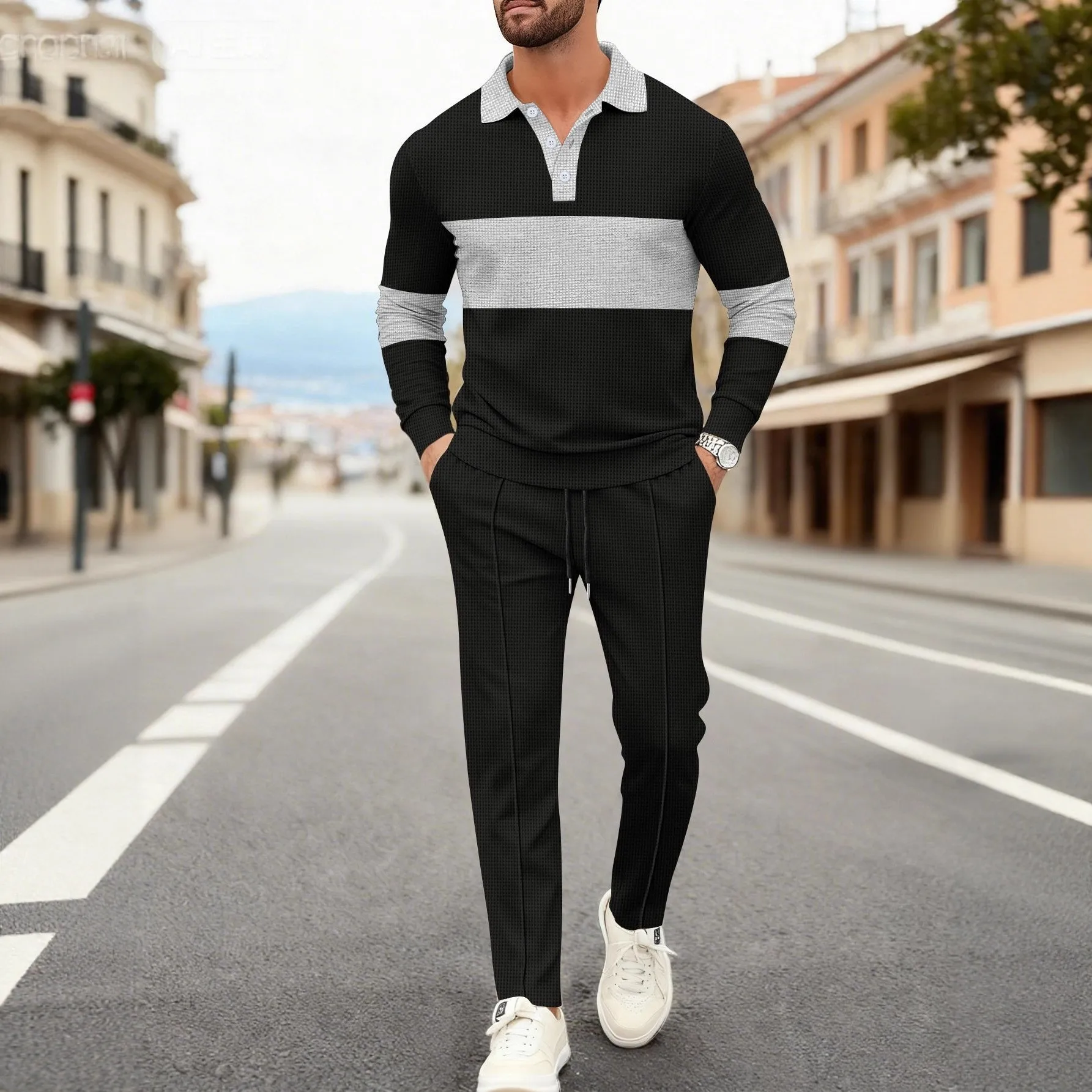 Men's New Waffle Knit Color Block Polo Shirt Pants Two Piece Set Comfortable Soft Casual Long Sleeve Lapel Button Daily Streetwe