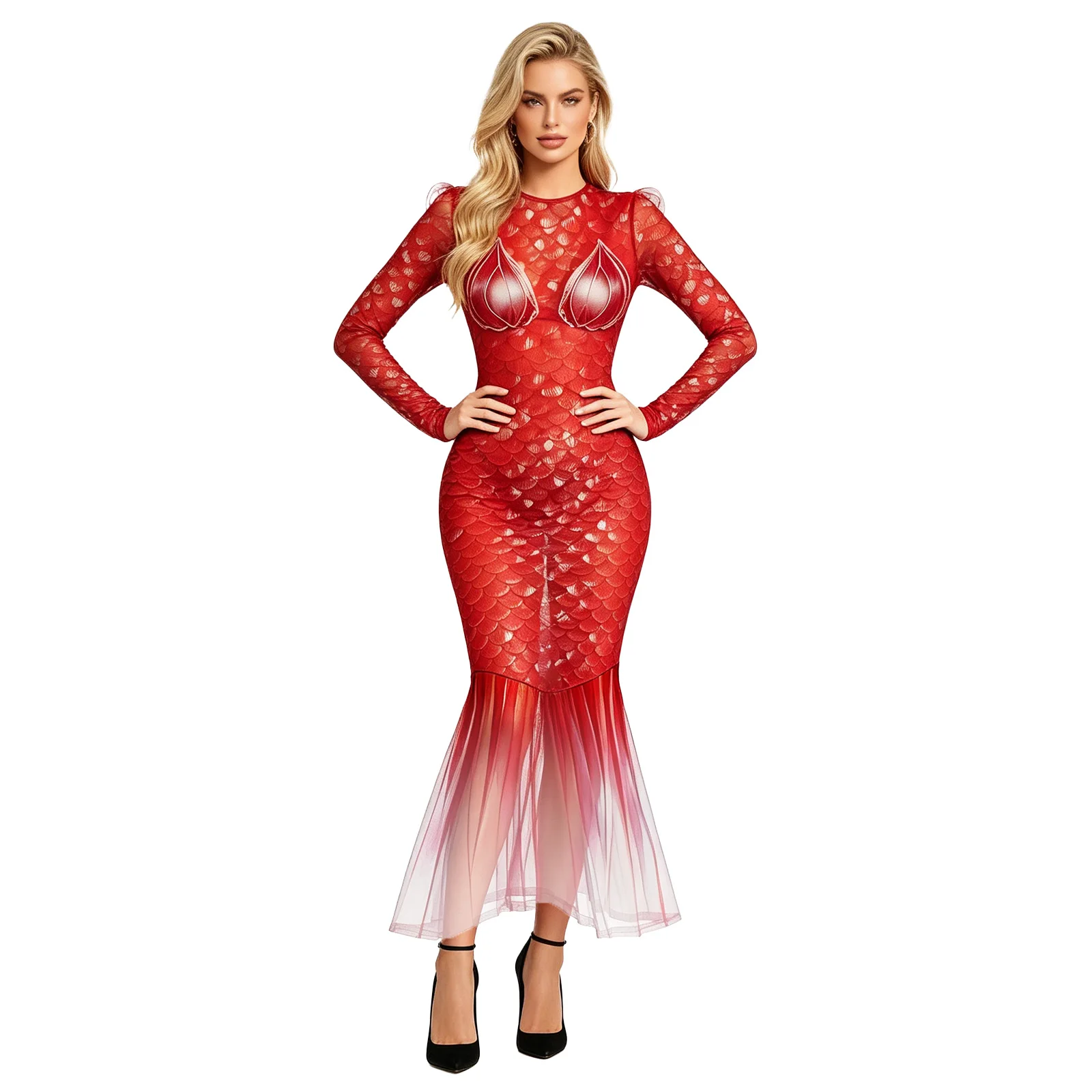 Damen Bikini Cover-up mit Farbverlauf und Fischschuppen-Print, Meerjungfrauen-Strandkleid, schmal geschnittenes Wickelkleid mit Fischschwanz und Rüschensaum, figurbetontes Kleid – Detail 5