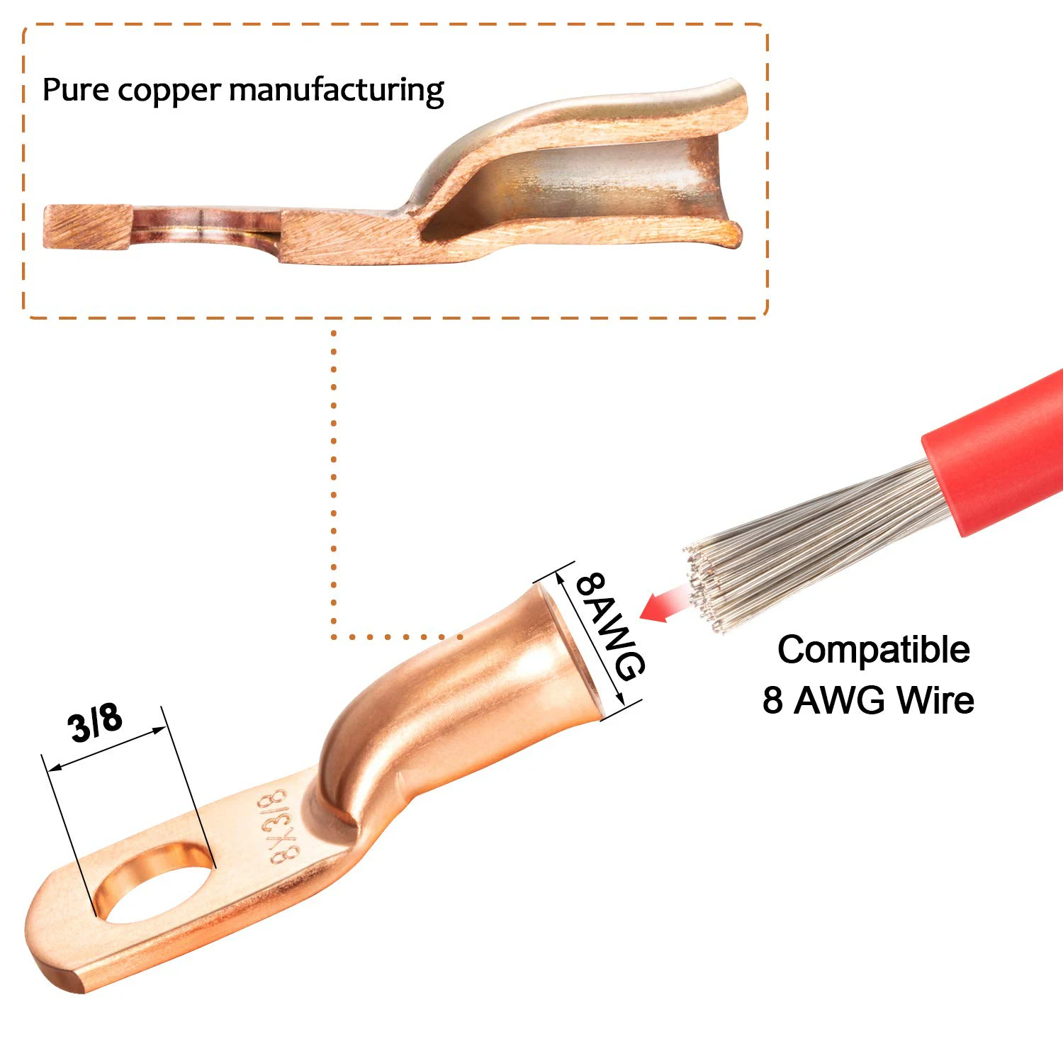 Multi specification T2 copper terminal with red and black heat shrink tubing