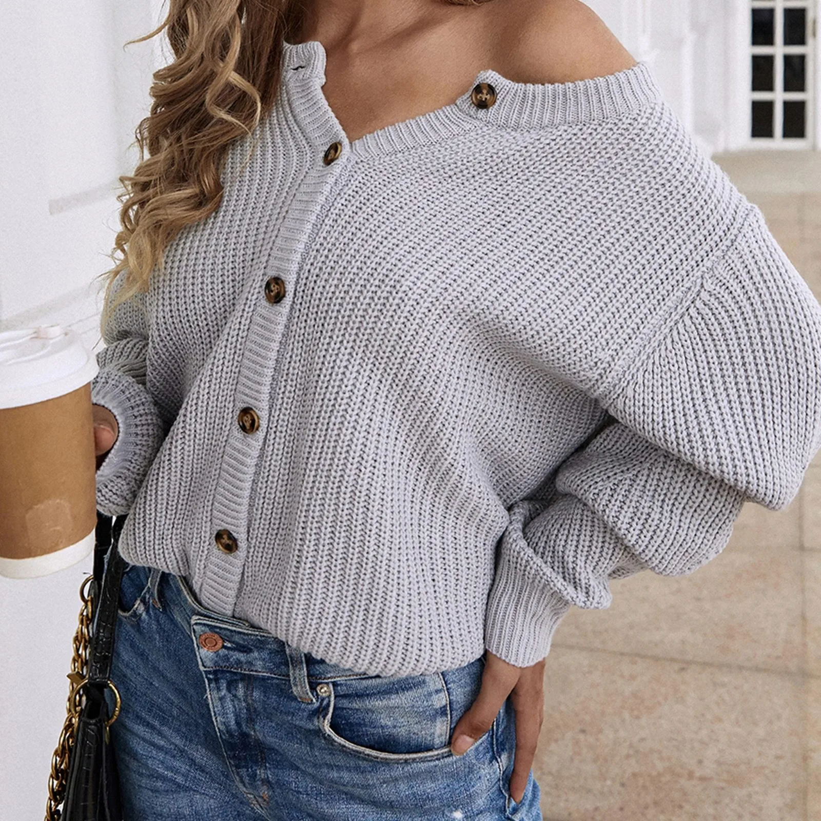 

Women'S Solid Color Reversible Knitted Cardigan Crewneck Long-Sleeved Loose Fashion Coat Simple Casual Warm Slim Sweater