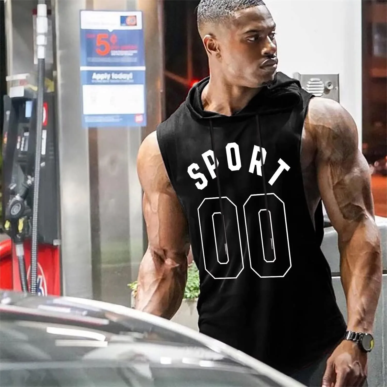 Men's Summer Printed Letter Breathable Quick Dry Sleeveless Drawstring Vest Versatile Top Polyester Material Hooded Style