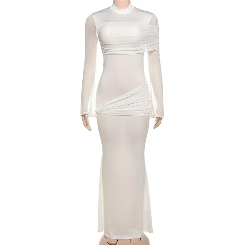 Vestido de fiesta largo ajustado fruncido elegante para mujer, vestido de noche de sirena con manga acampanada y perlas de retales de malla transparente, vestido largo